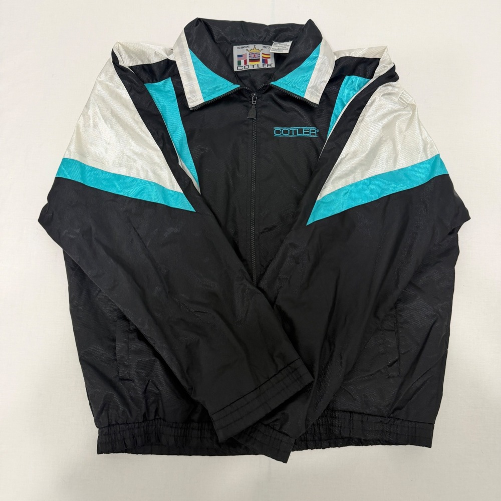 Vintage 80s 90s Cotler Mens XL Windbreaker Jacket Black Teal White Colorblock